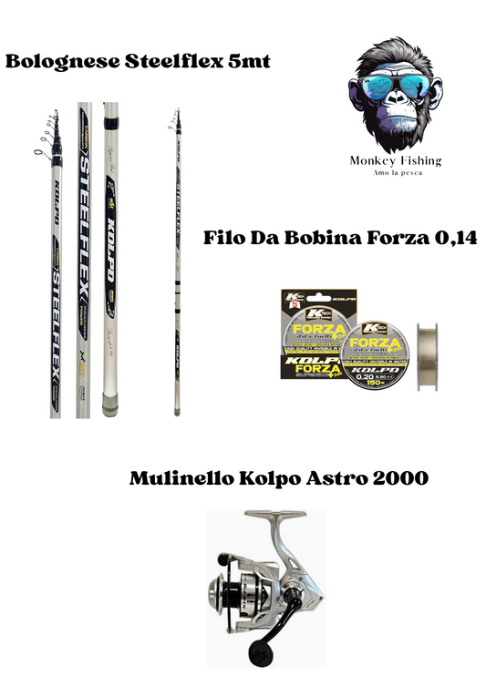 Combo Bolognese Kolpo Steelflex 5 m + Mulinello Kolpo Astro 2000 + Filo Kolpo Forza 150 m